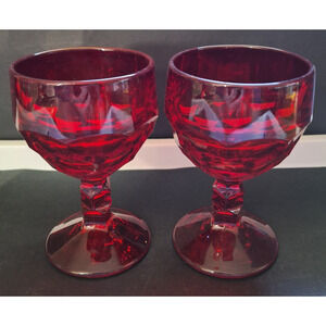 Two Vintage Viking Georgian Ruby Red Wine Glasses Thumbprint Honeycomb